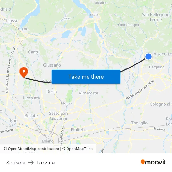 Sorisole to Lazzate map