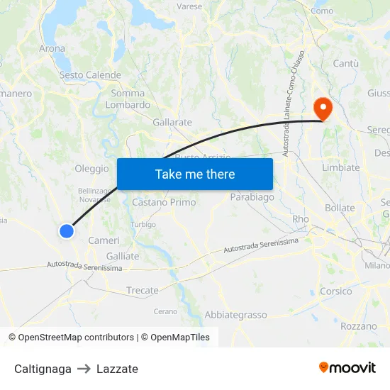 Caltignaga to Lazzate map
