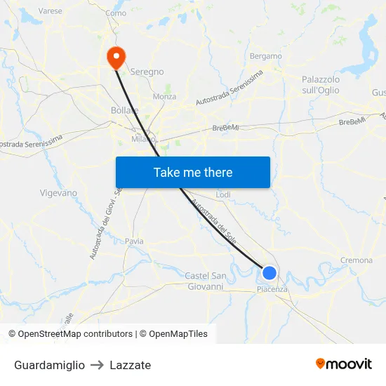 Guardamiglio to Lazzate map