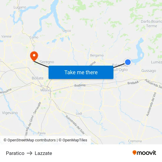 Paratico to Lazzate map