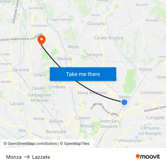 Monza to Lazzate map