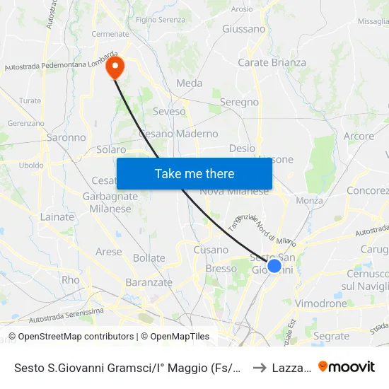 Sesto San Giovanni Gramsci/May 1st (Railway/M1) to Lazzate map