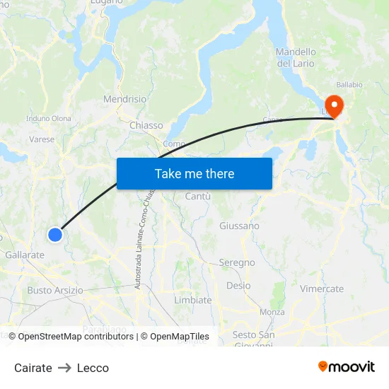Cairate to Lecco map