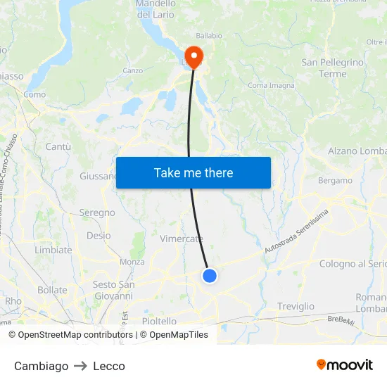 Cambiago to Lecco map