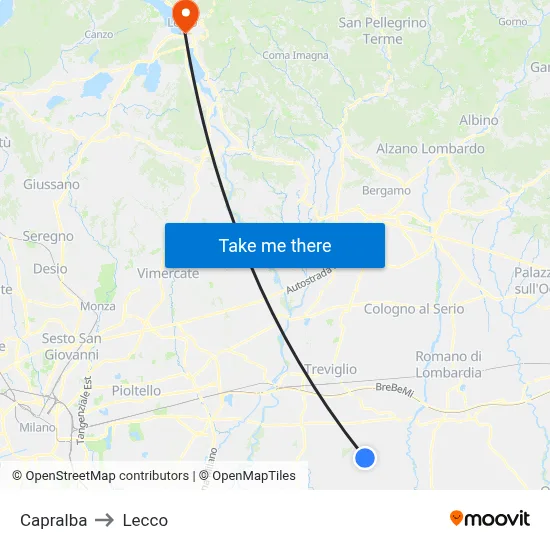 Capralba to Lecco map