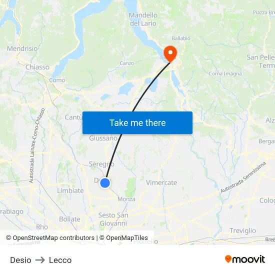Desio to Lecco map