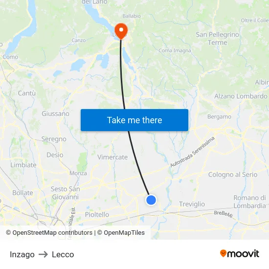 Inzago to Lecco map