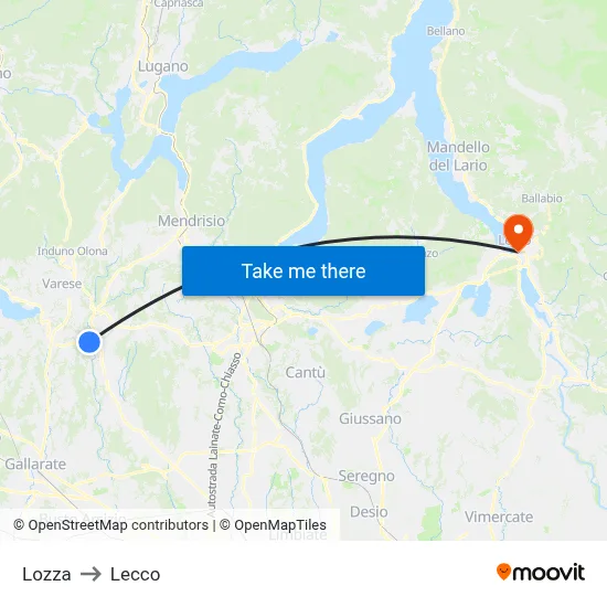 Lozza to Lecco map