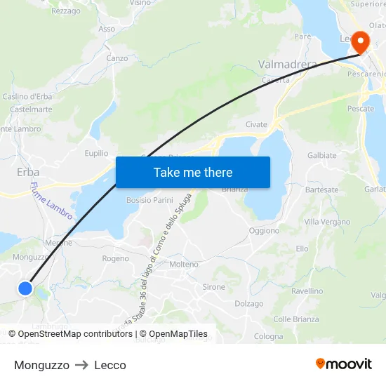 Monguzzo to Lecco map