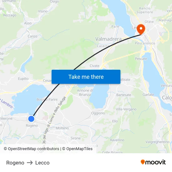Rogeno to Lecco map