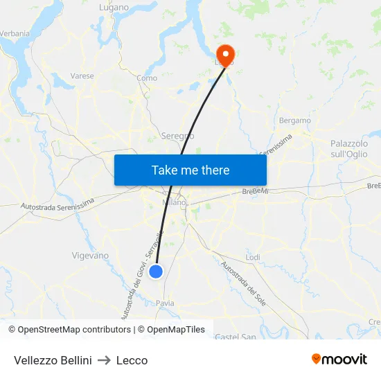 Vellezzo Bellini to Lecco map