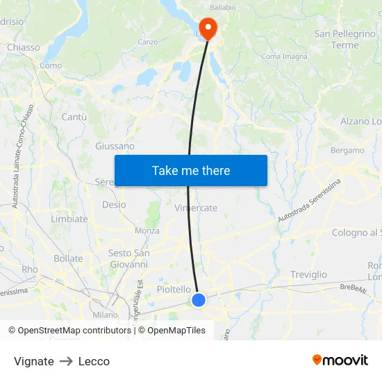 Vignate to Lecco map