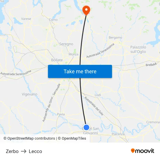 Zerbo to Lecco map
