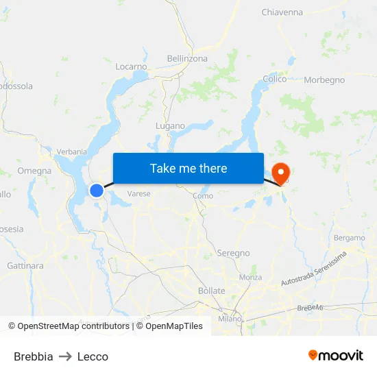 Brebbia to Lecco map