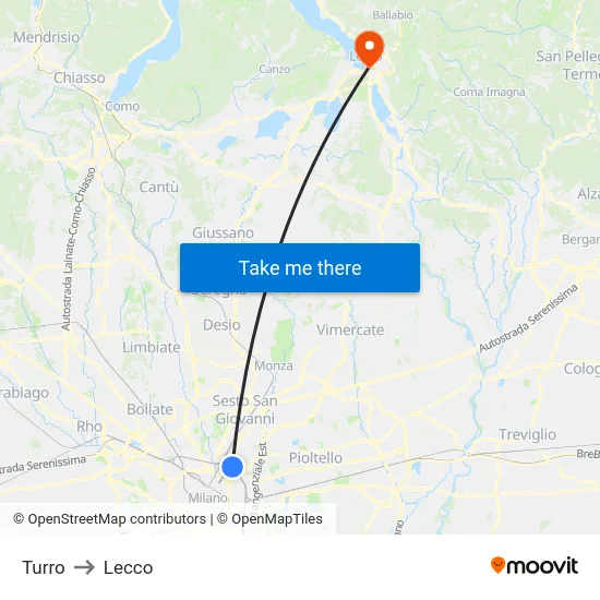 Turro to Lecco map