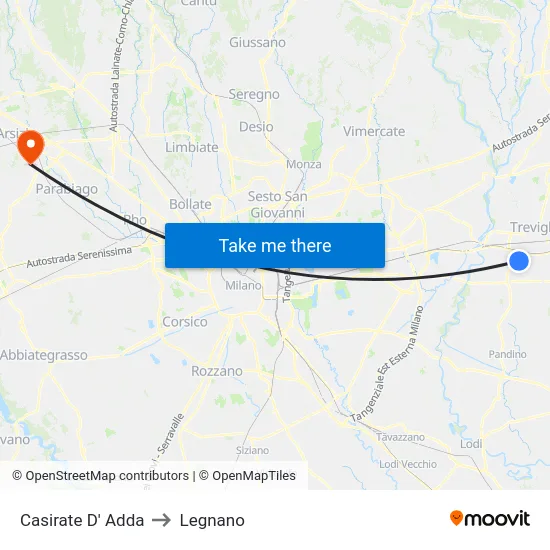 Casirate d'Adda to Legnano map