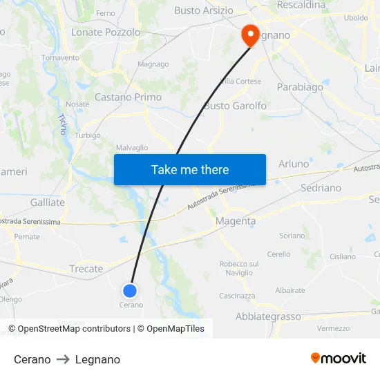 Cerano to Legnano map