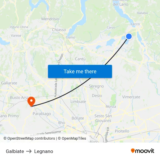 Galbiate to Legnano map