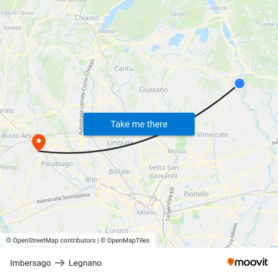Imbersago to Legnano map