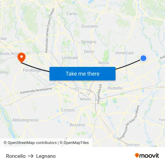 Roncello to Legnano map