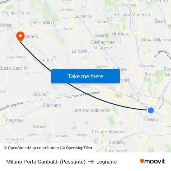 Milano Porta Garibaldi (Passante) to Legnano map