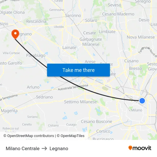 Milano Centrale to Legnano map
