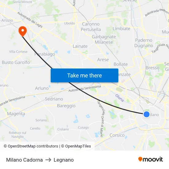 Milan Cadorna to Legnano map