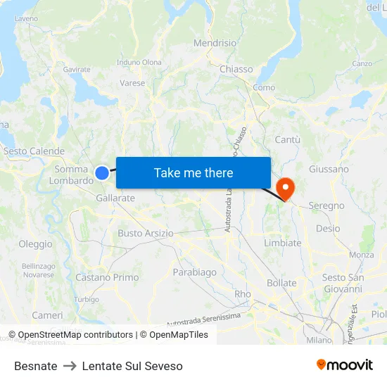 Besnate to Lentate Sul Seveso map