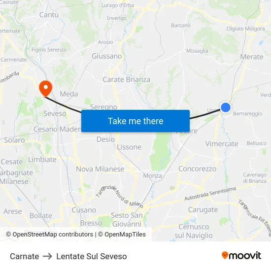 Carnate to Lentate Sul Seveso map