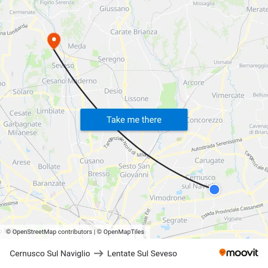 Cernusco Sul Naviglio to Lentate Sul Seveso map