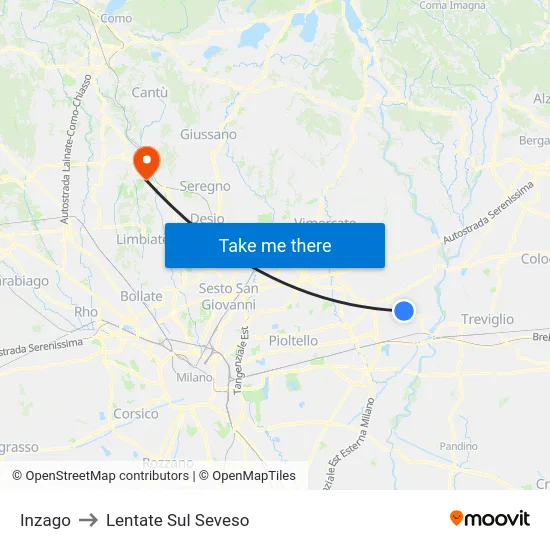 Inzago to Lentate Sul Seveso map
