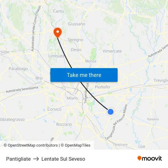 Pantigliate to Lentate Sul Seveso map
