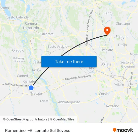 Romentino to Lentate Sul Seveso map