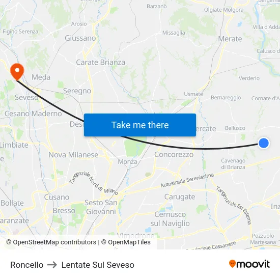 Roncello to Lentate Sul Seveso map