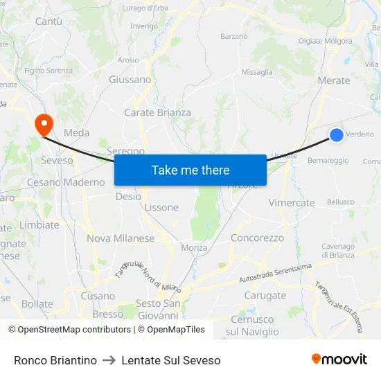Ronco Briantino to Lentate Sul Seveso map