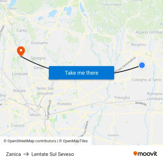 Zanica to Lentate Sul Seveso map