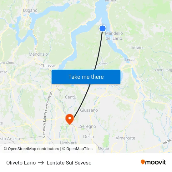 Oliveto Lario to Lentate Sul Seveso map