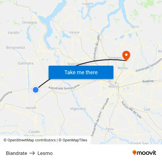 Biandrate to Lesmo map