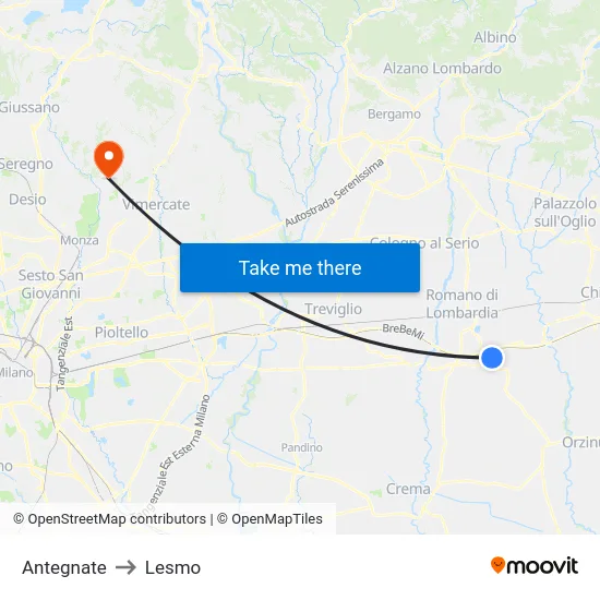 Antegnate to Lesmo map