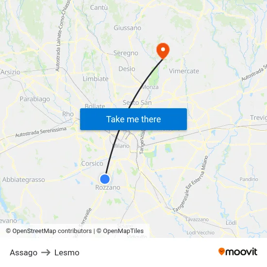 Assago to Lesmo map