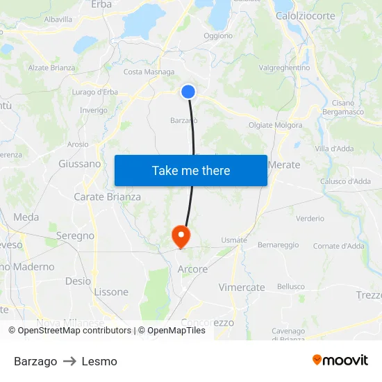 Barzago to Lesmo map