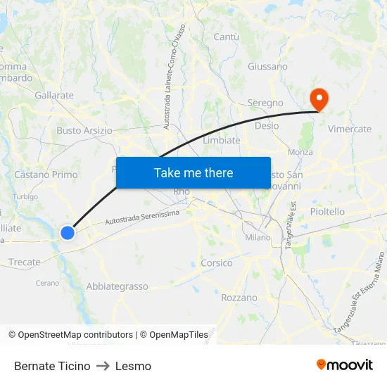 Bernate Ticino to Lesmo map
