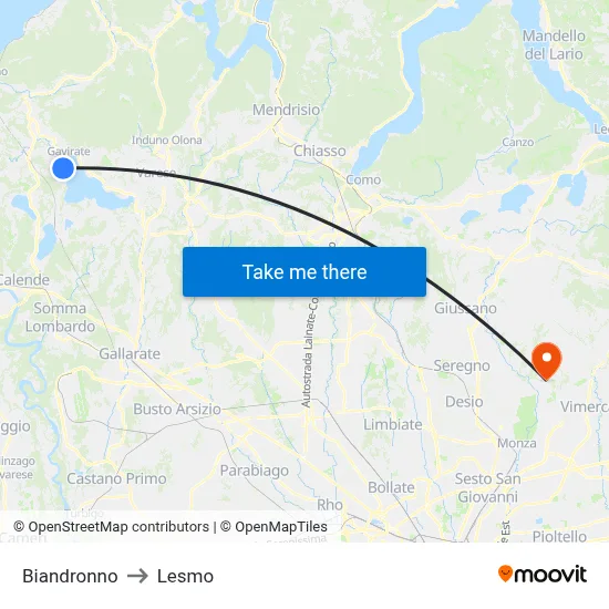 Biandronno to Lesmo map