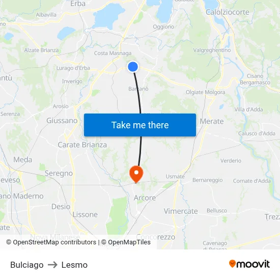 Bulciago to Lesmo map