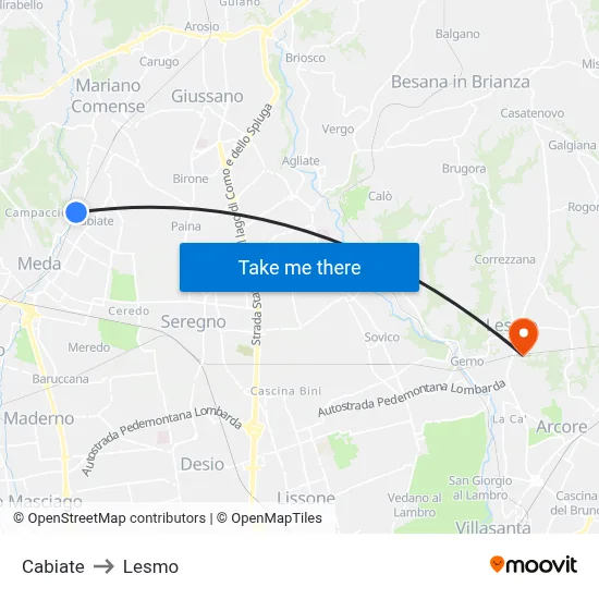Cabiate to Lesmo map