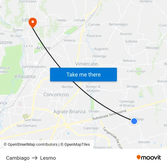 Cambiago to Lesmo map
