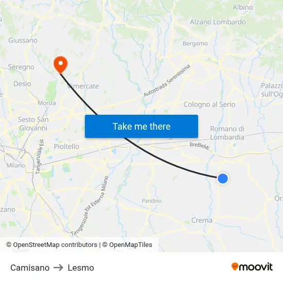 Camisano to Lesmo map