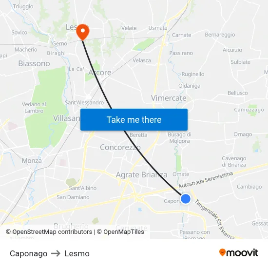 Caponago to Lesmo map