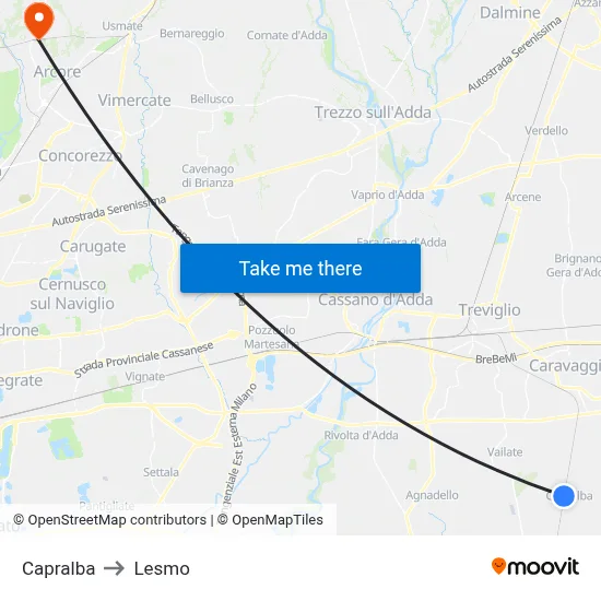 Capralba to Lesmo map