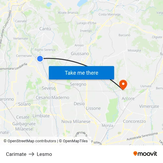 Carimate to Lesmo map